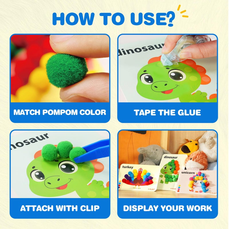 YPLUS Pompoms Art Crafts Kits, Toddler DIY Sensory Activities for Kids Ages 1-3 2-4 3-5, Finger Motor Art Supplies - Theme Animals Stocking Stuffers for Kids Toddler - Image 3